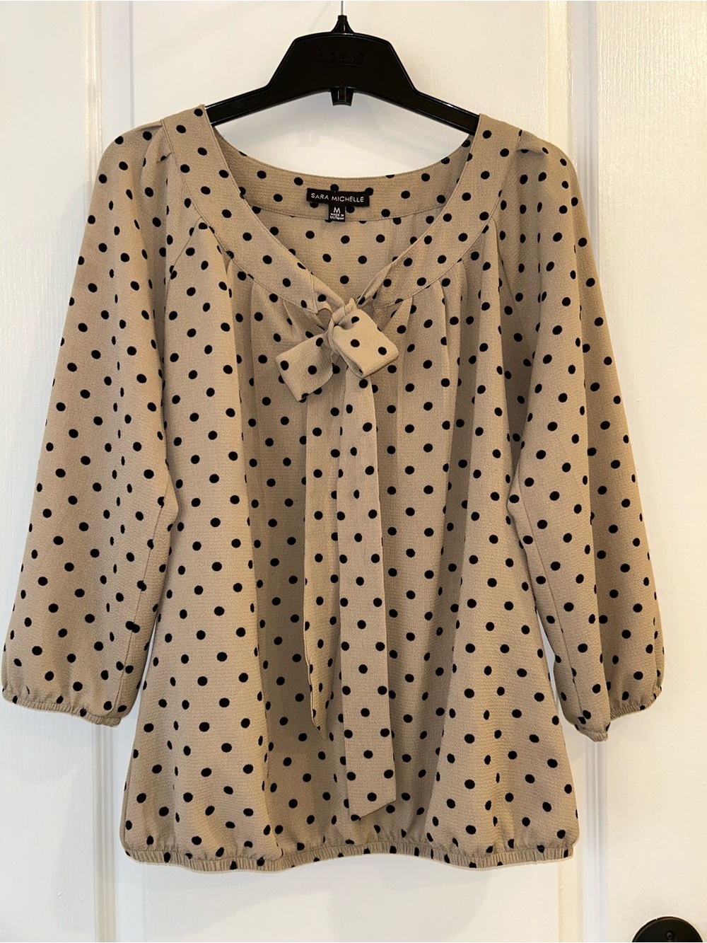 Sara Michelle Camel & Black Polka Dot 3/4 Sleeve Blouse with Bow Tie